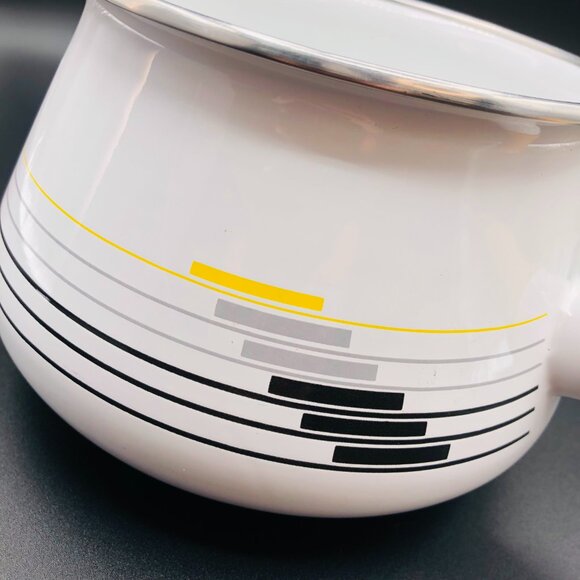 Vintage White Gray Yellow Stripes Enamel Fondue Pot and Lid Wood Handle Saucepan - Picture 2 of 13